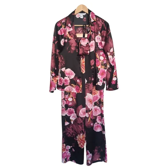 Sofia Vagaras Intimates Satin PJ Set 3pc Black Pink Purple Floral - Picture 2 of 12